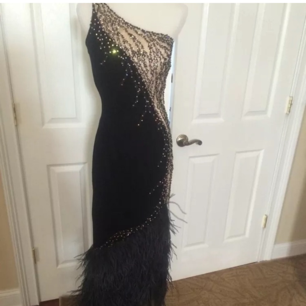 Jovani size 6 black velvet with feather gown